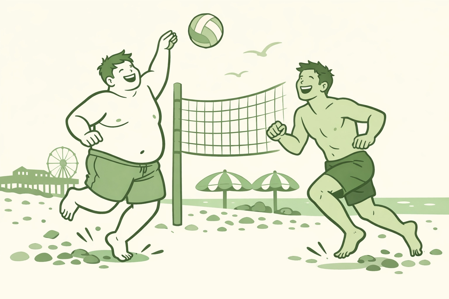 Plus-size and athletic men playing beach volleyball celebrating body diversity in gay romance