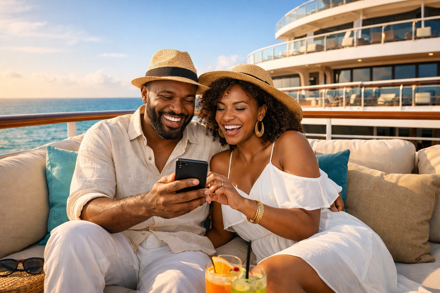A couple takes a lifestyle cruise match quiz on deck, guided by their Lifestyle Cruises travel agent.