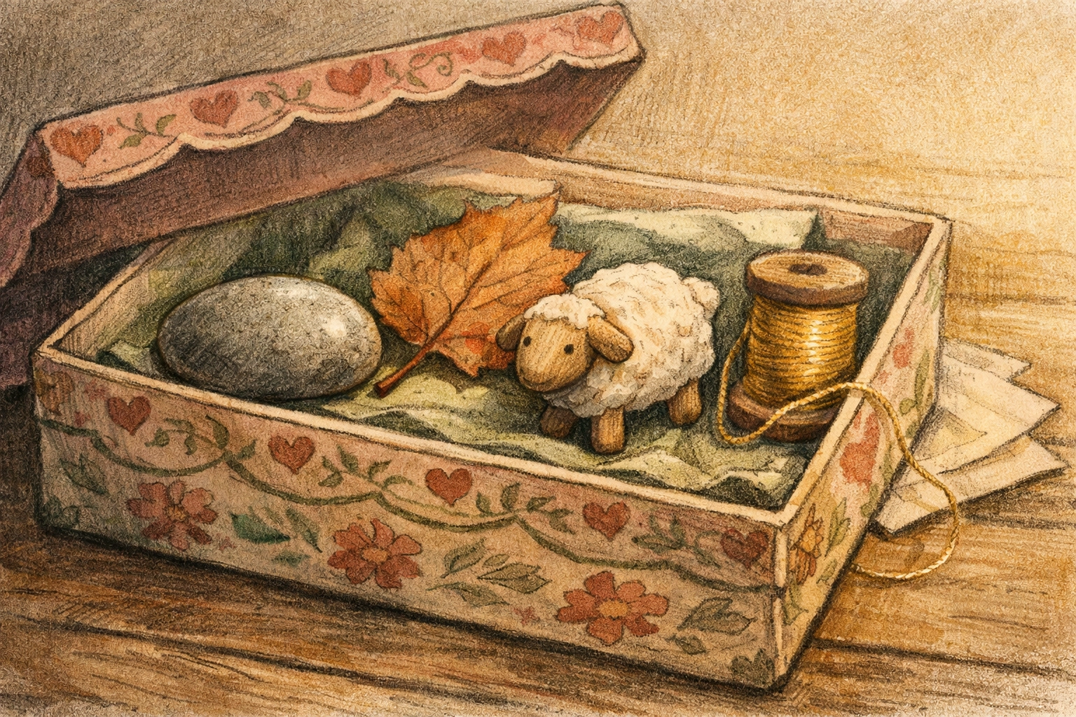 A decorated faith story box with simple treasures used as a Christian family activity to remember God’s love.