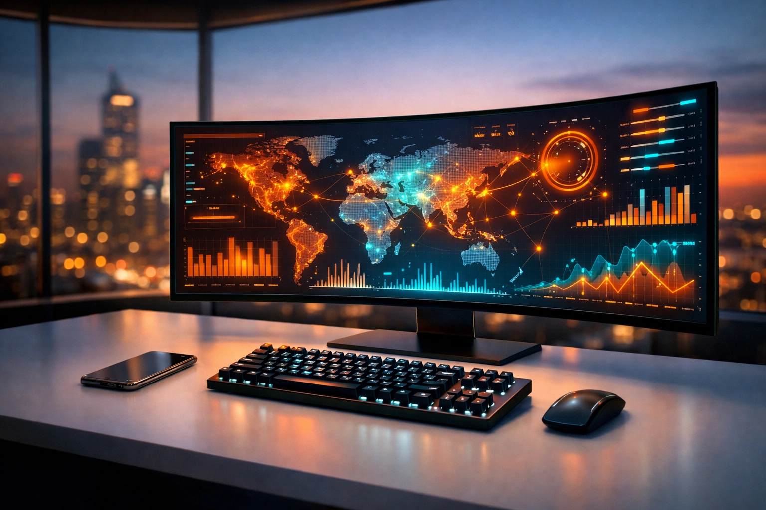 Modern workstation with abstract data visualizations representing digital marketing success and growth.