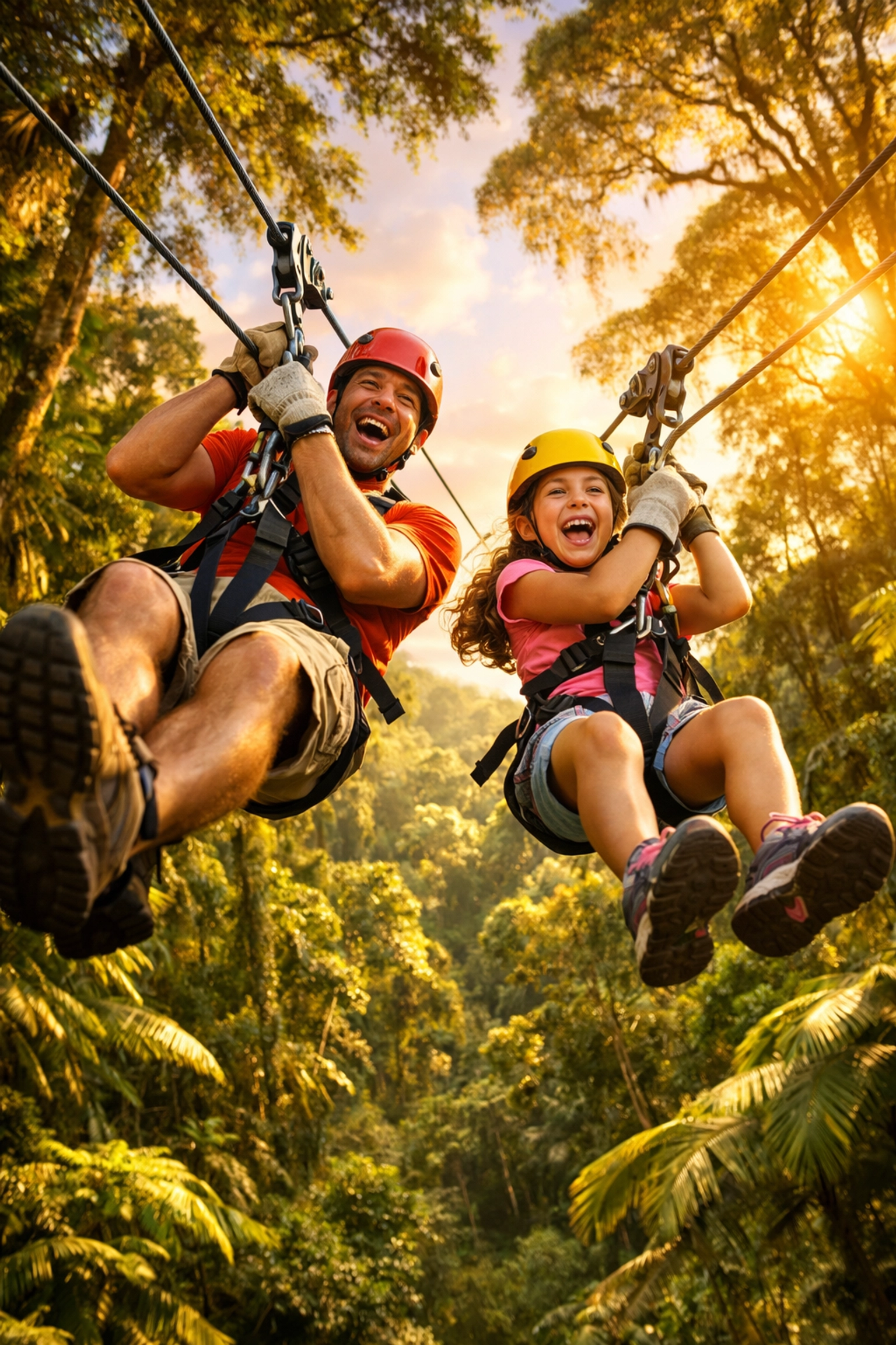Father and daughter enjoying a fun Costa Rica zipline tour through a tropical rainforest canopy.