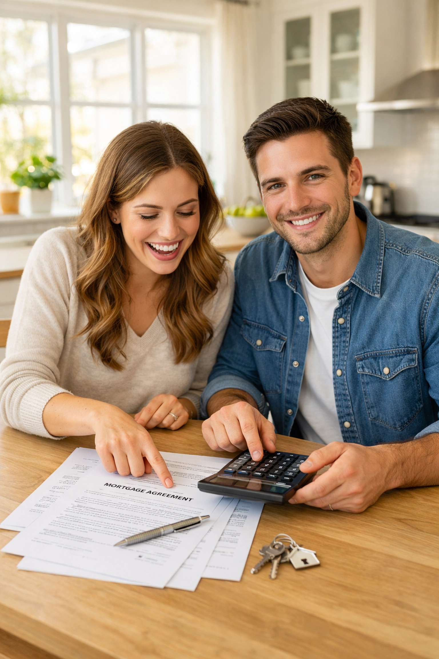 Young couple reviewing mortgage documents and calculating home affordability in Greensboro