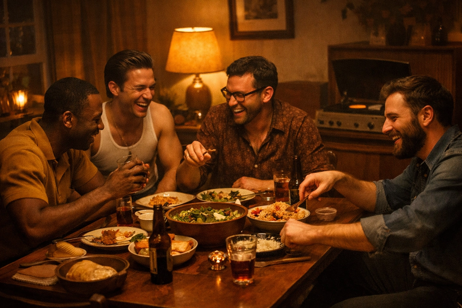 Gay men sharing a meal in a vintage apartment, illustrating the early history of the queer chosen family.