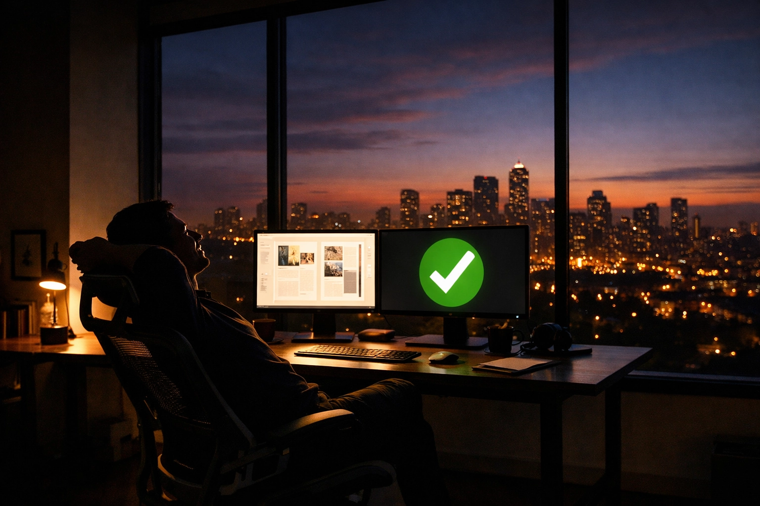 A satisfied author in a home office after successfully publishing an e-book using AI tools.