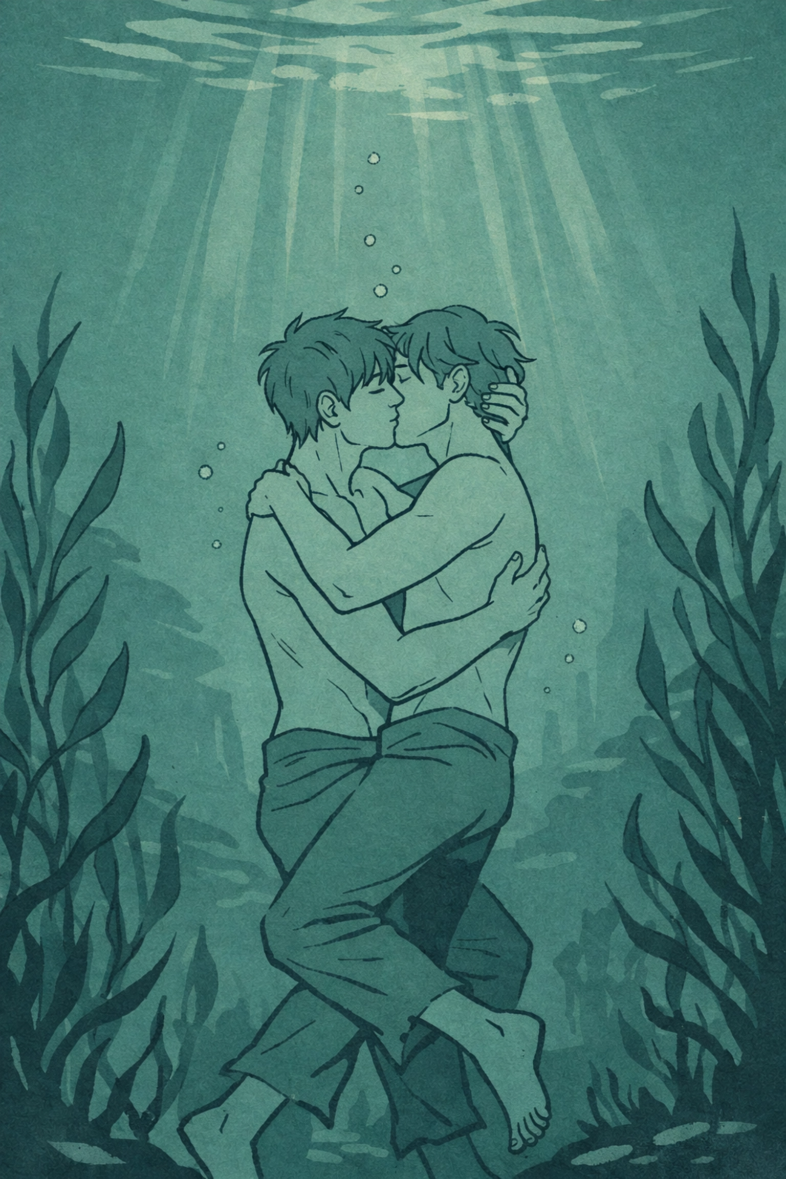 Underwater embrace scene from Curse of the Tides gothic MM tragedy