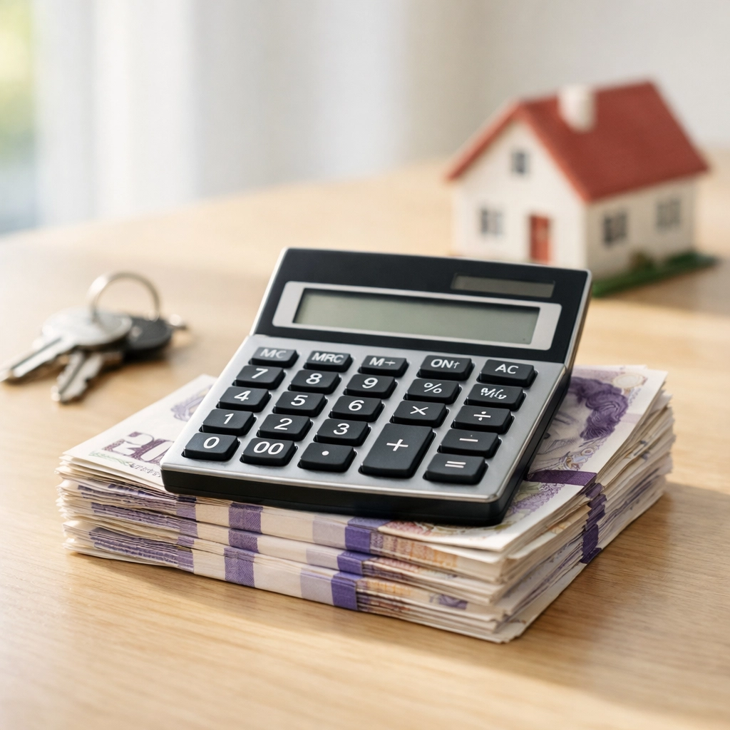 Calculator on British pound notes with house keys showing estate agent fee savings
