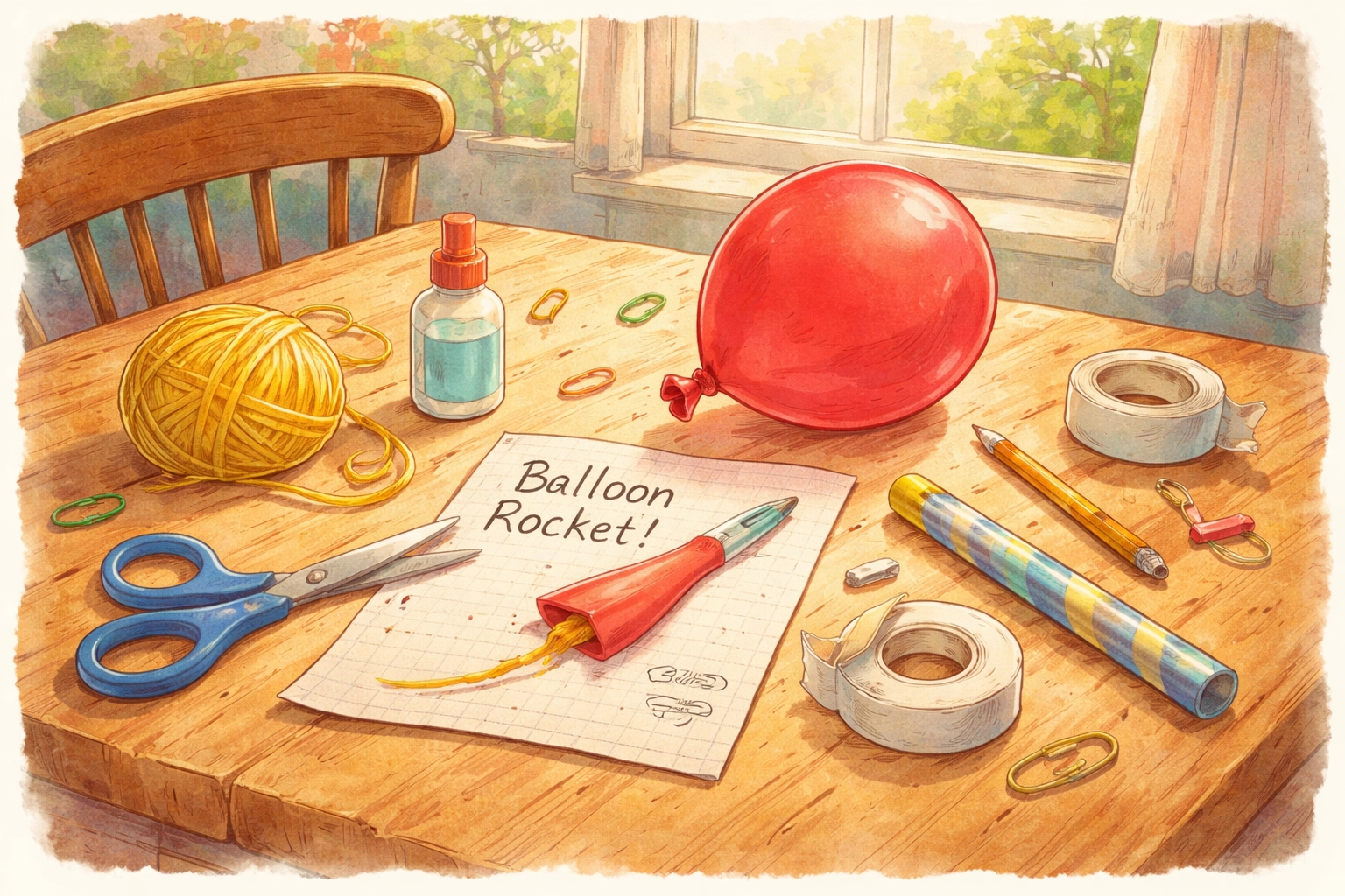 Materials needed for a balloon rocket project on a kitchen table, including balloons, string, and tape.