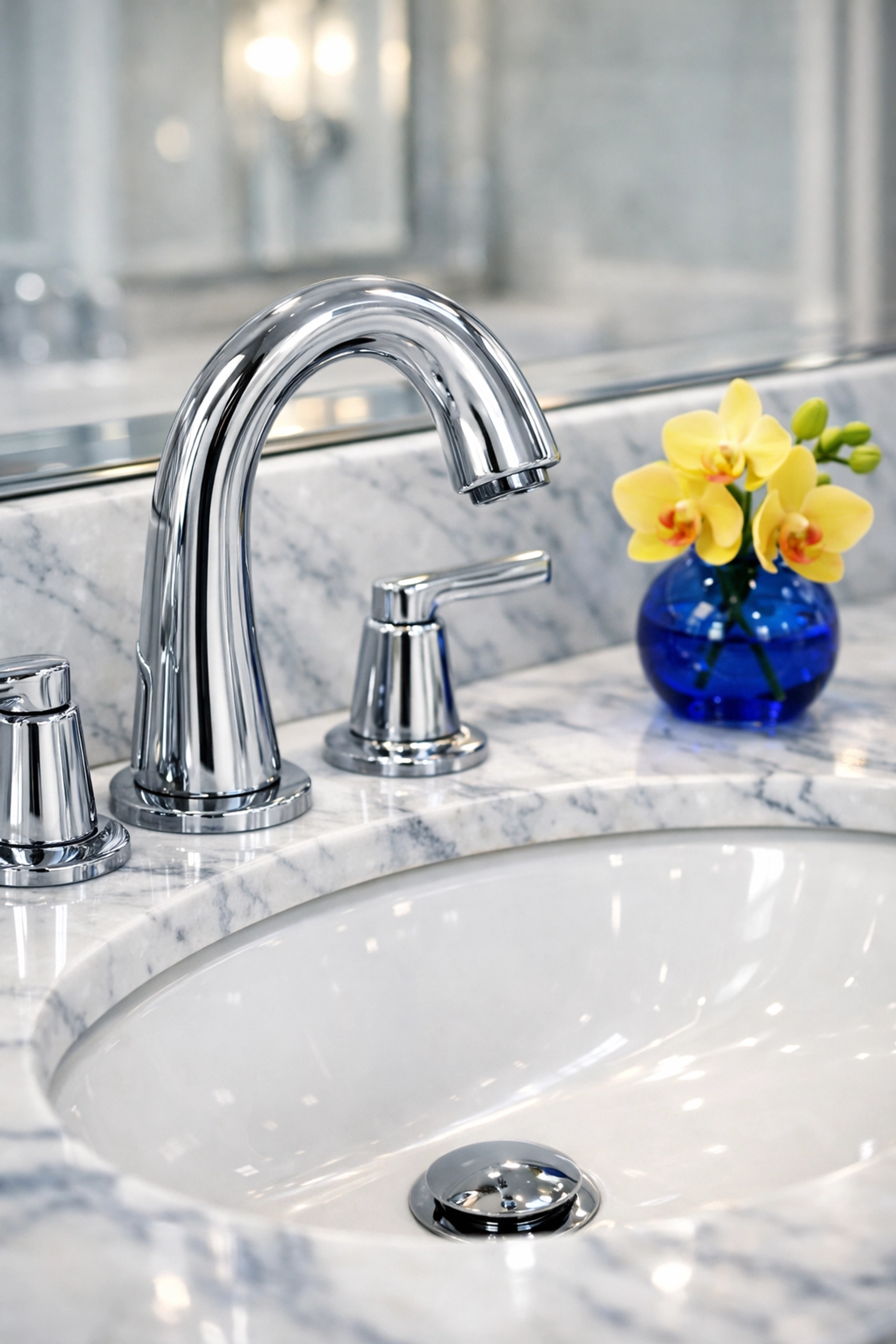Close-up of a sparkling clean Lynnfield bathroom vanity with polished fixtures and marble surface.