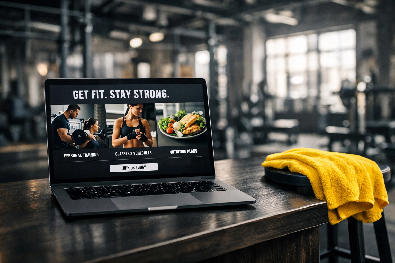 Modern fitness studio website displayed on a laptop at a gym reception desk for local SEO and lead generation.