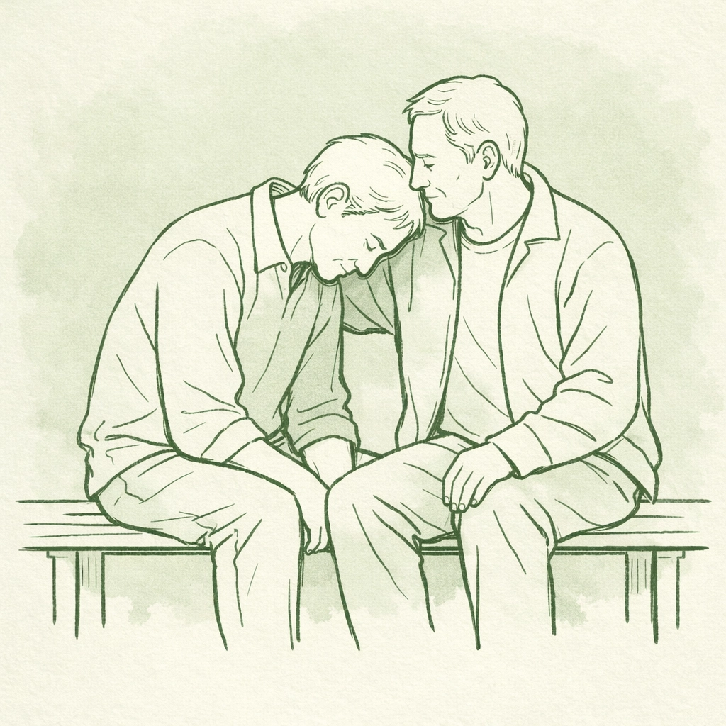 Minimalist illustration of two older men sharing a moment of emotional support and self-discovery.