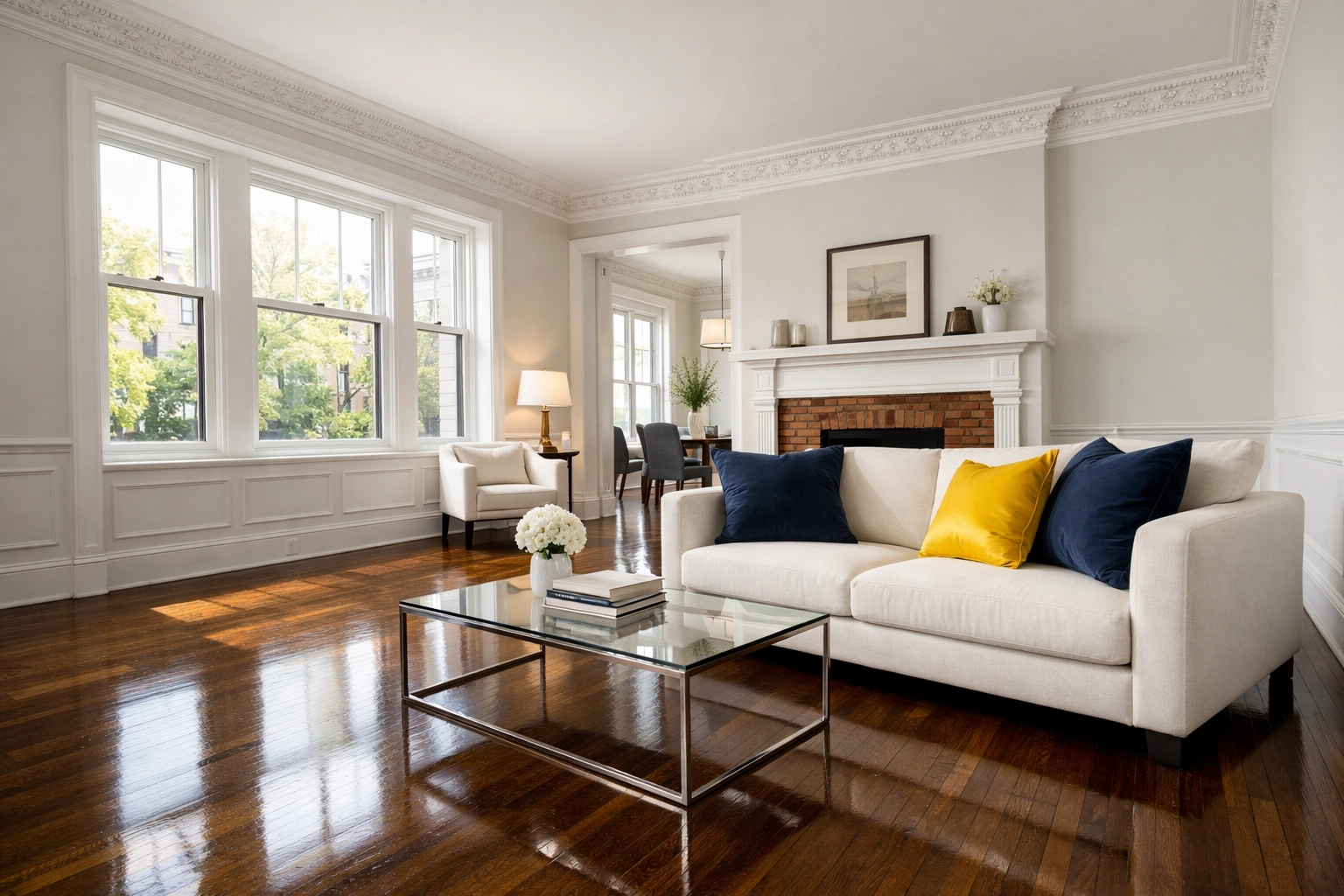 Professionally cleaned historic apartment near Harvard Square featuring polished hardwood floors and high ceilings.