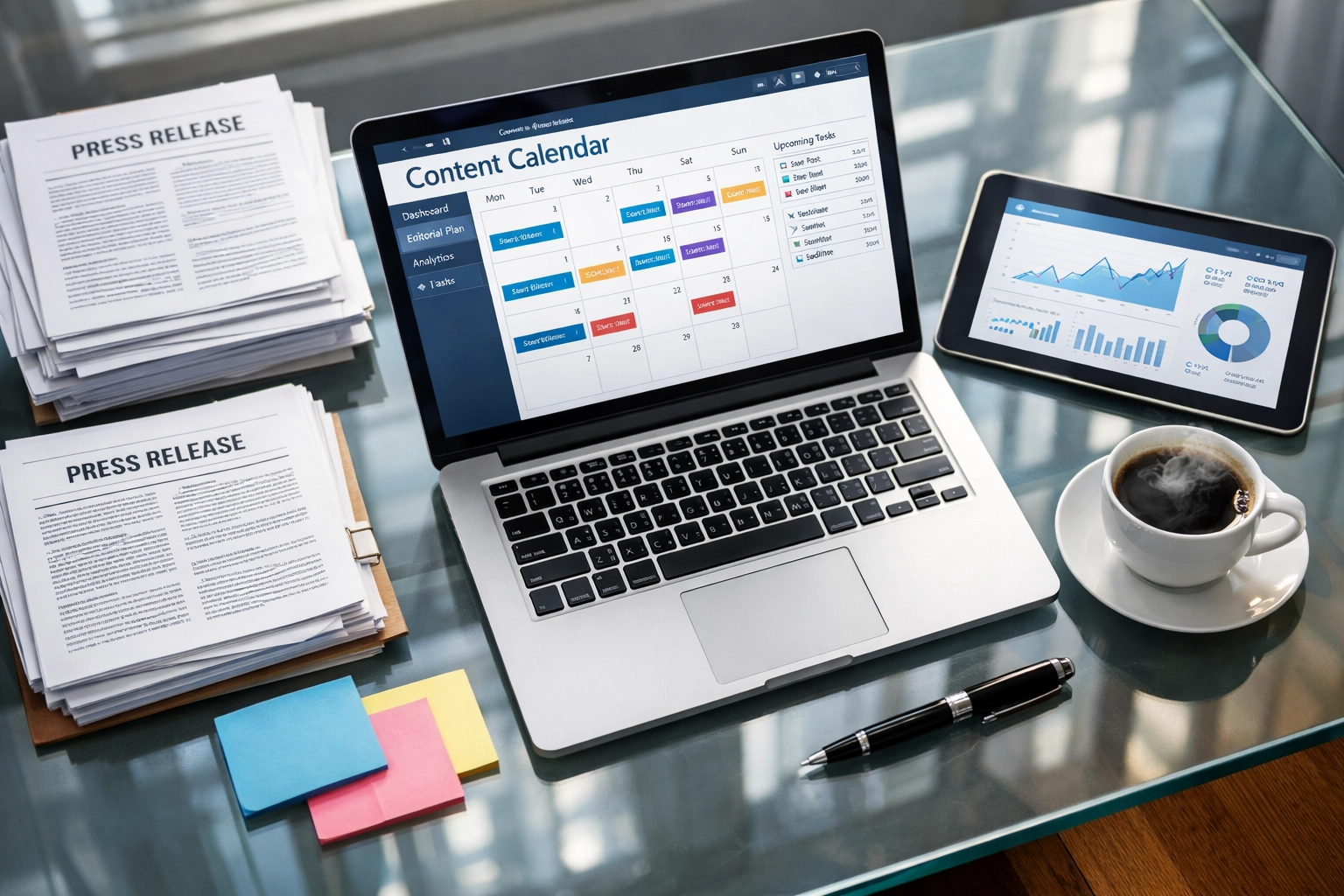 Sports marketing agency workspace with automated press release content calendar and planning tools
