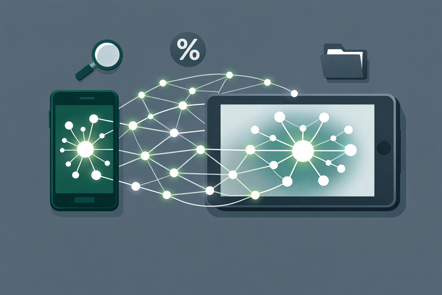 Digital devices syncing data representing secure virtual tax preparation and AI document organization.
