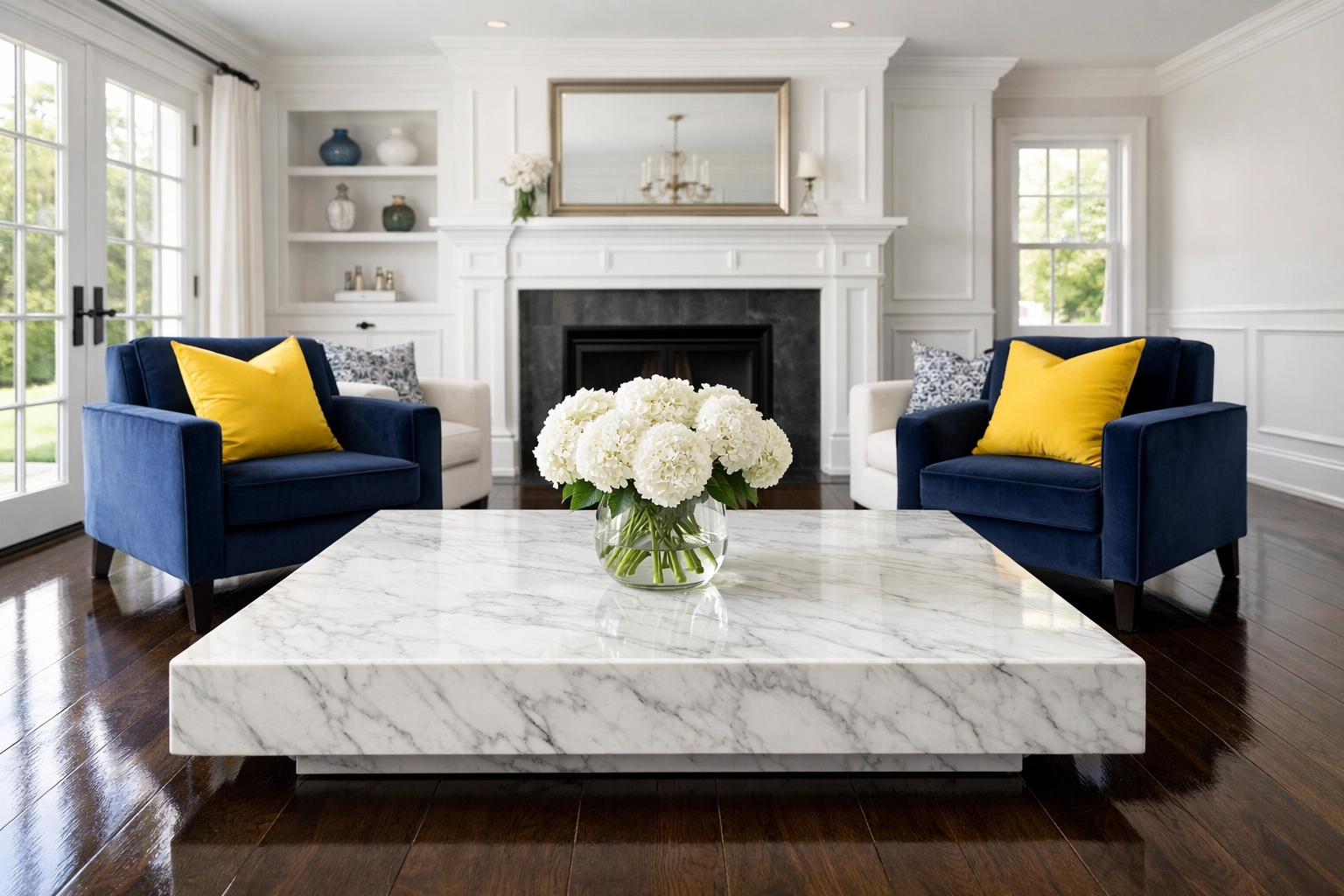 Immaculate Southborough living room with polished hardwood floors after a weekly house cleaning service.