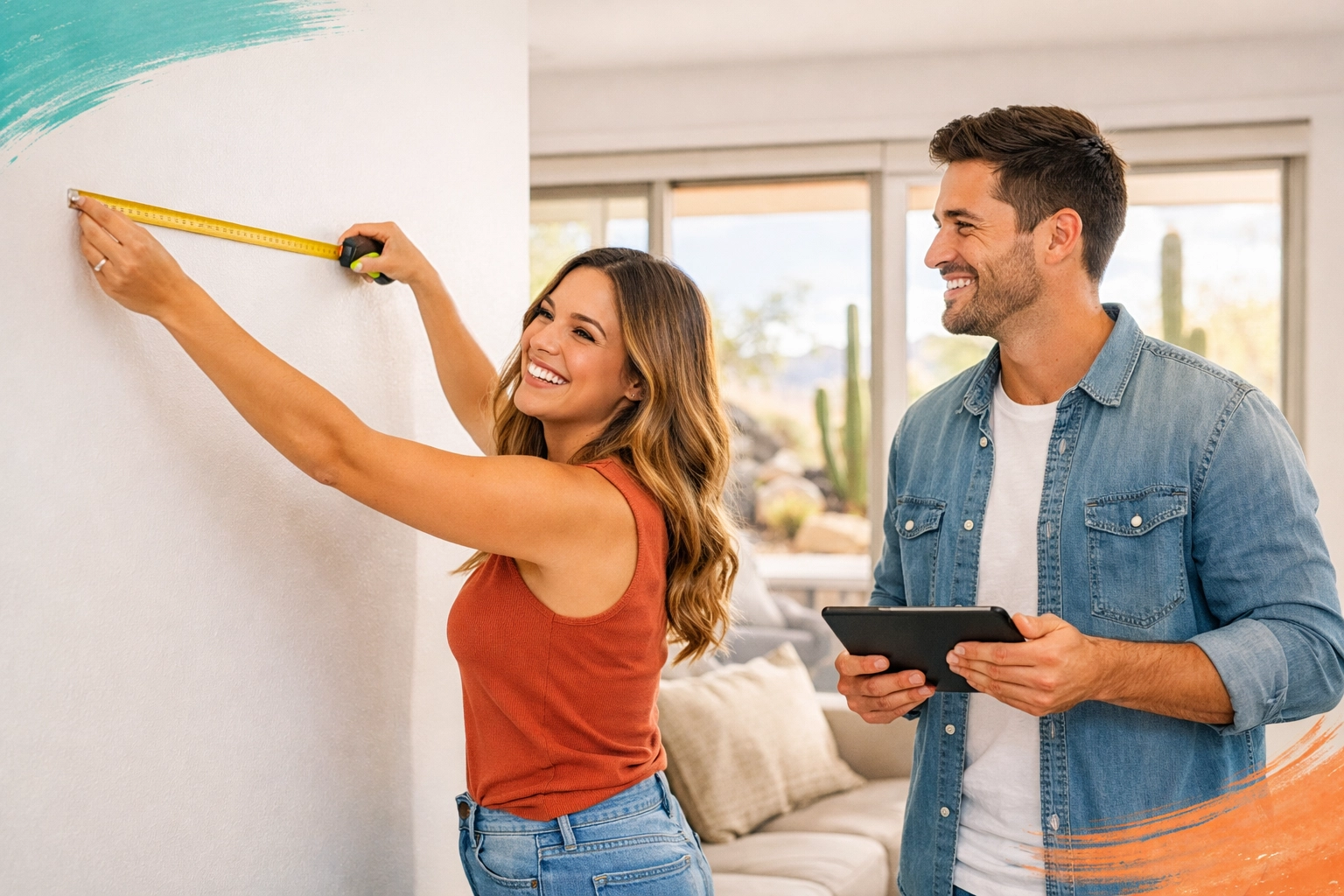 Couple measuring walls in a Phoenix home during a second showing to visualize furniture placement. Couple measuring walls in a Phoenix home during a second showing to visualize furniture placement.