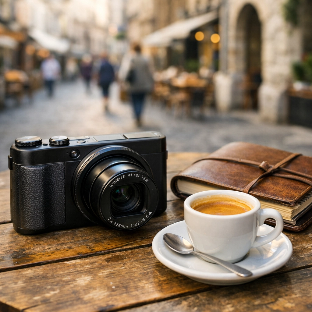 A Lumix TZ300 travel camera on a cafe table, illustrating essential updates in photography news matters.