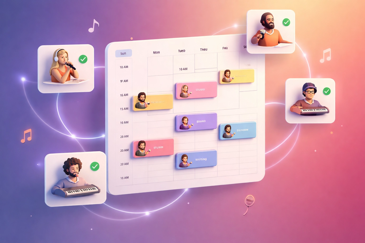 Band schedule app displaying automated musician availability calendar with team member assignments