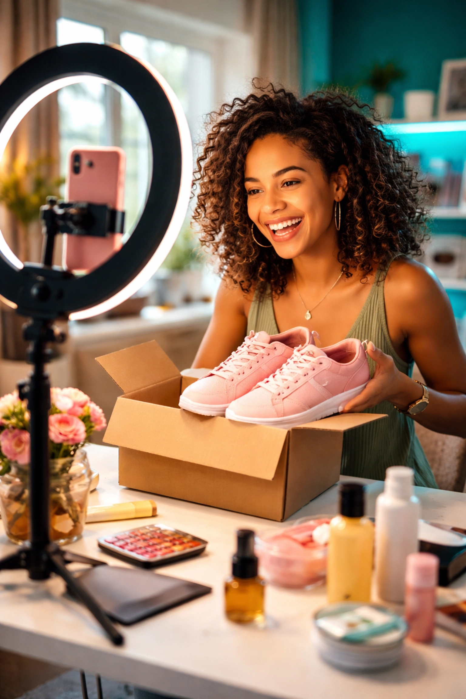 Young influencer filming a product unboxing video, demonstrating user-generated content in social media marketing