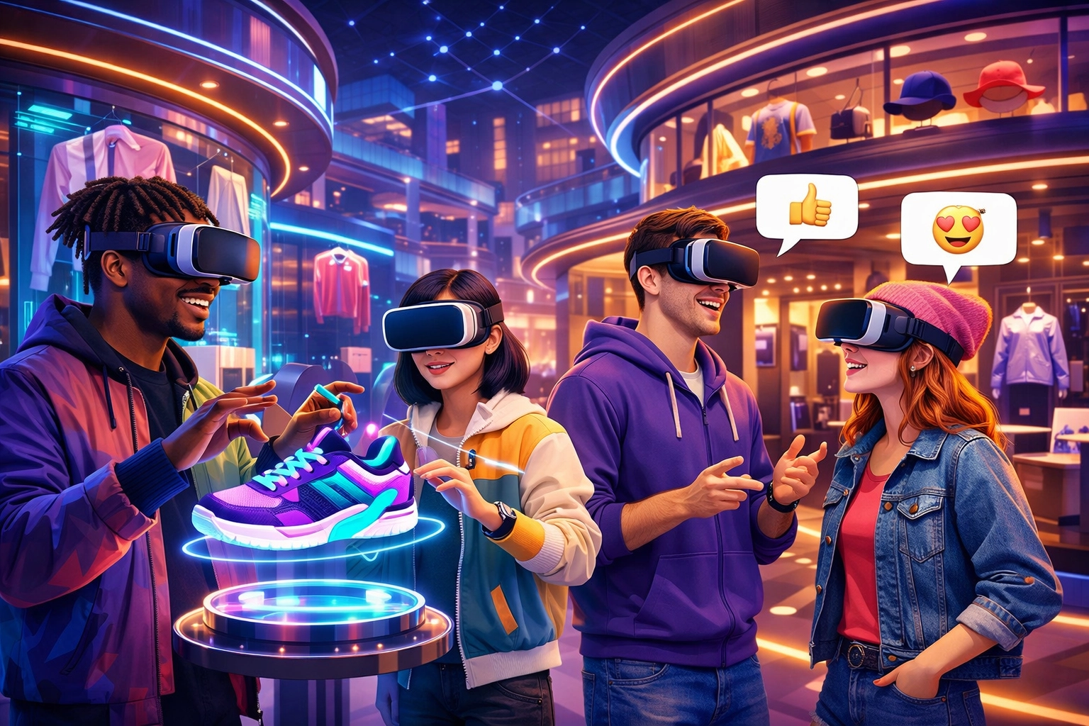 Avatars wearing VR headsets shopping together in Larecoin B2B2C metaverse virtual mall