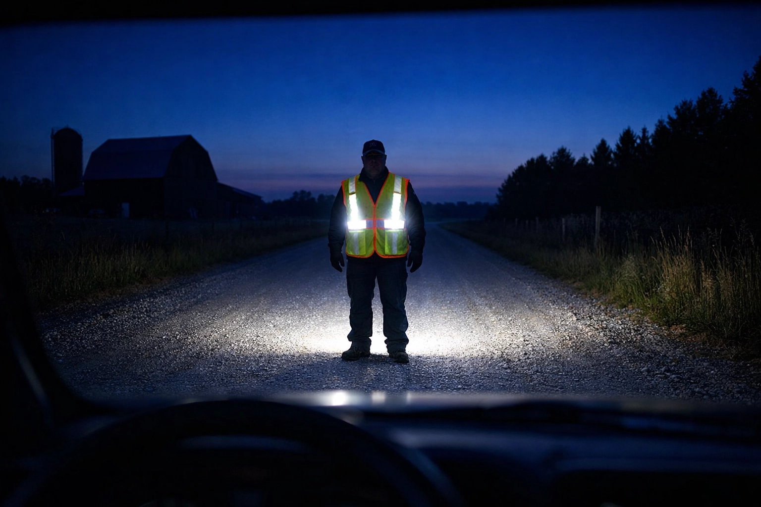 Mennonite community visibility gear: worker in a yellow LED safety vest on a dark rural road at dusk.