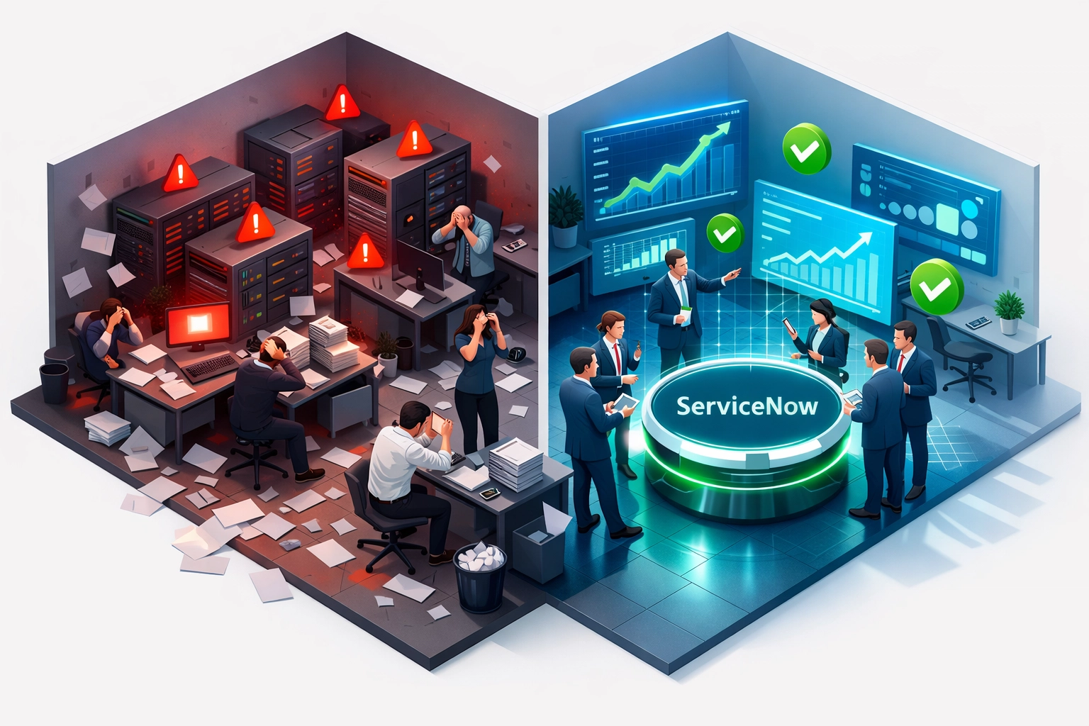 Poor ServiceNow implementation vs elite partner results showing 425% performance gap