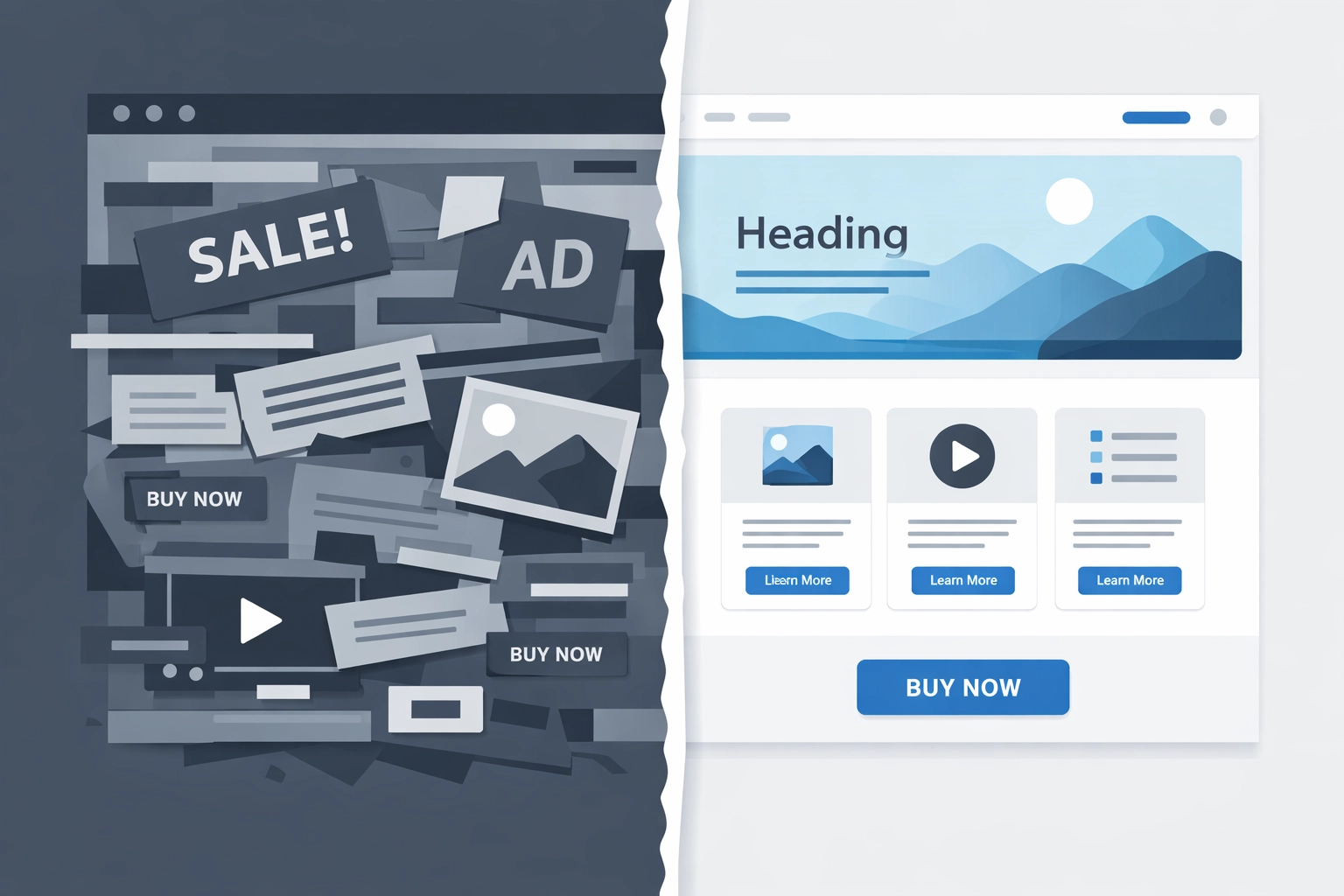 Before and after website design showing cluttered layout transformed into clean organized interface