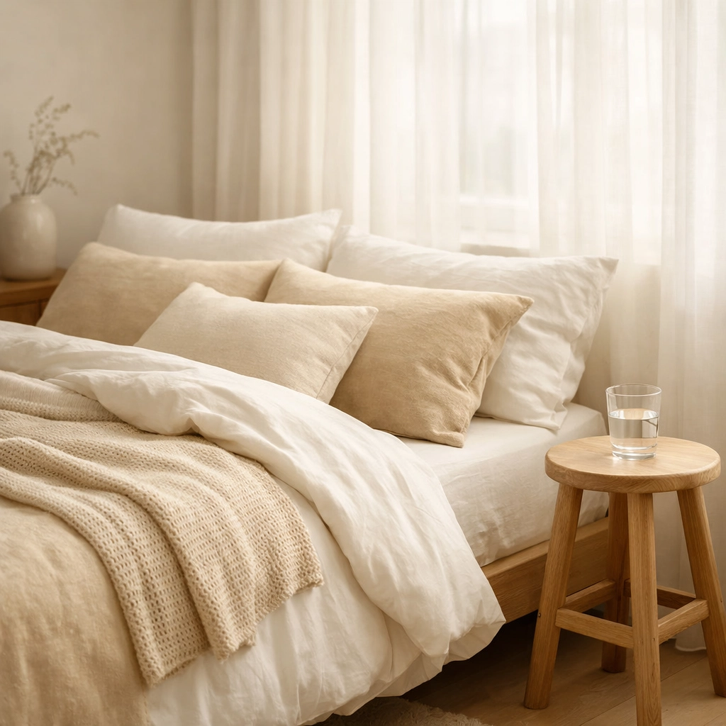 Clean, sunlit bedroom with a made bed, reflecting self-respect and order in a sober living home.