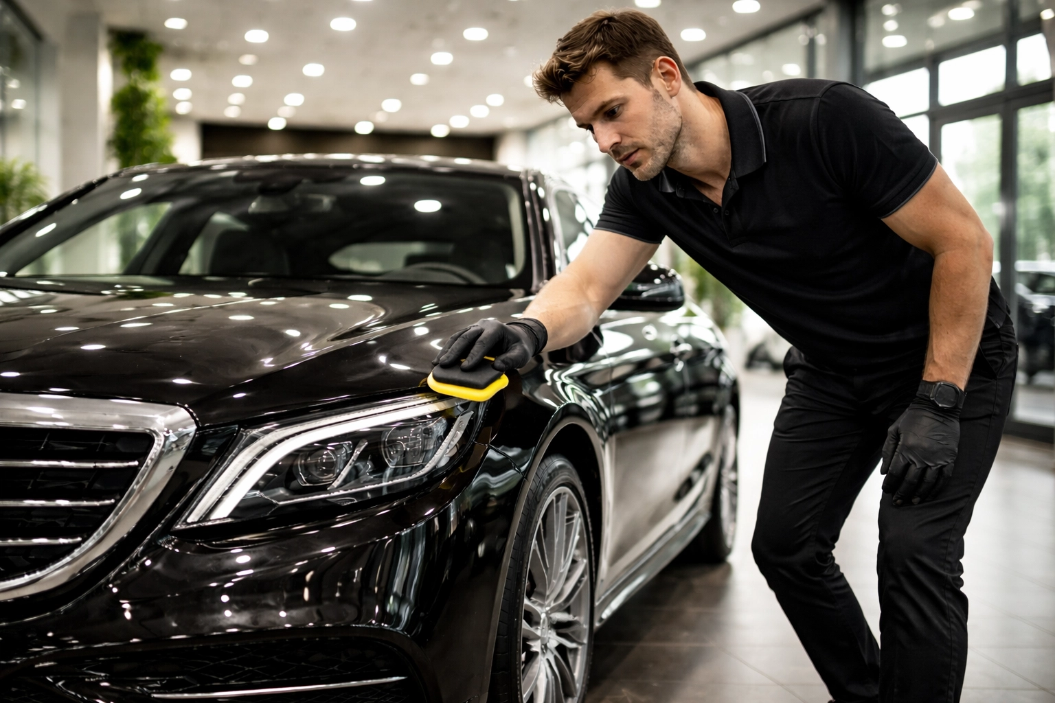 Potential car buyer admires luxury sedan with flawless paintwork and car paint protection in showroom