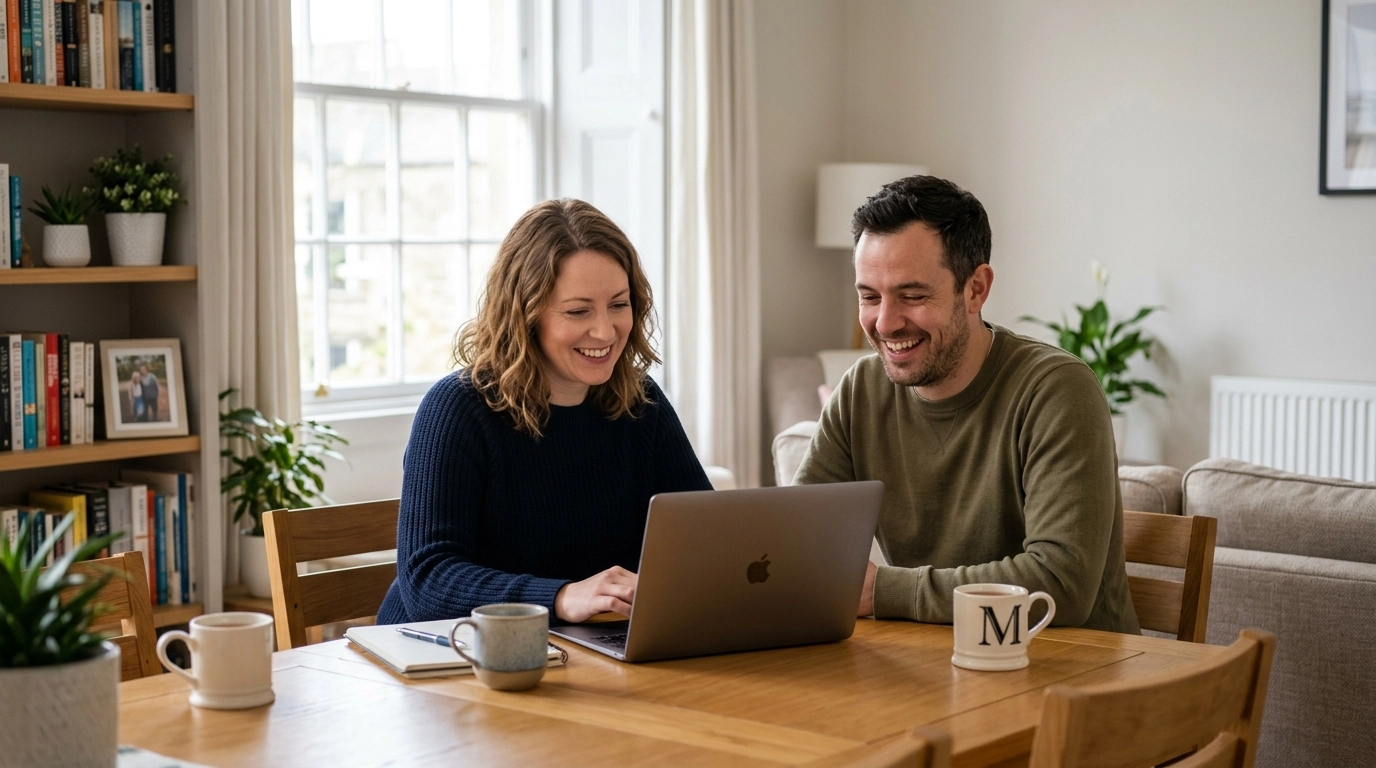 A couple in their 30s sitting at a wooden dining table in a bright, modern UK home, smiling while looking at a laptop together.