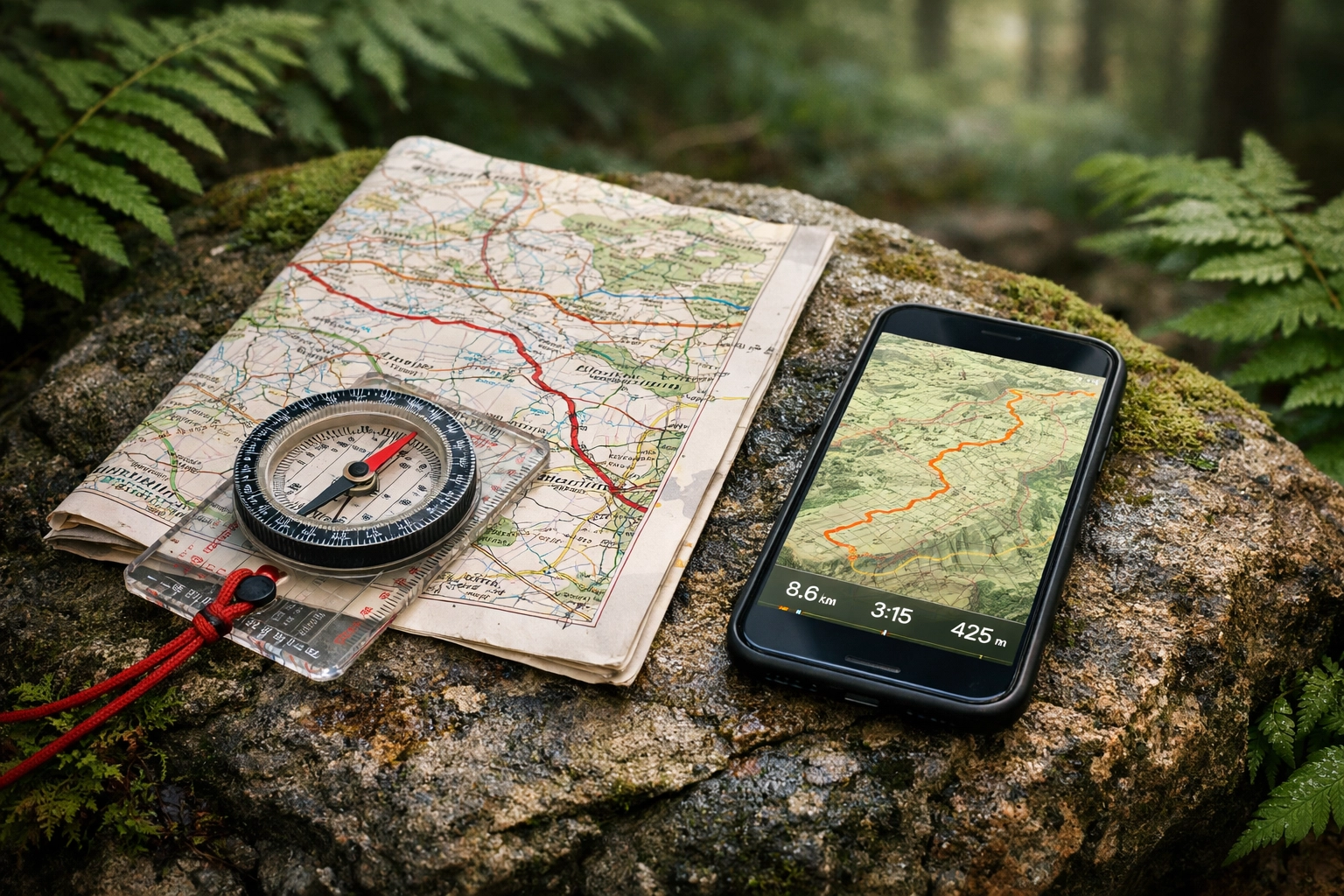 OS map and compass beside smartphone GPS for navigation on a UK camping adventure