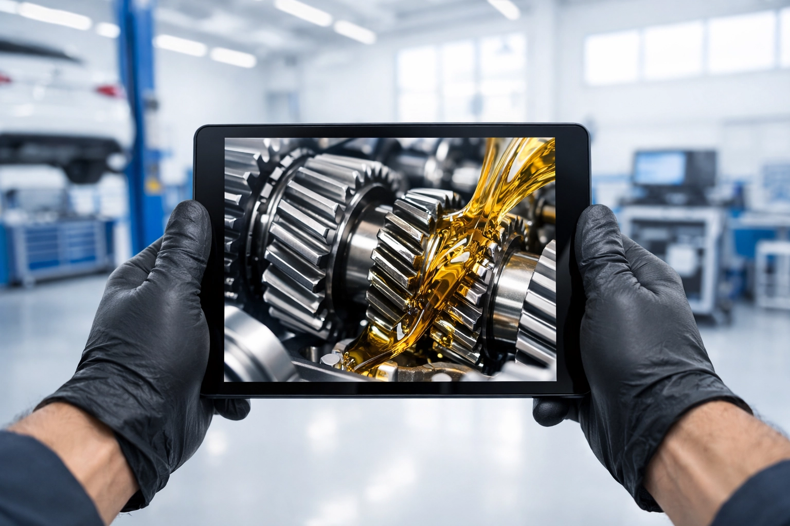 Hamilton mechanic showing digital images of transmission gears on a tablet for transparent auto repair.