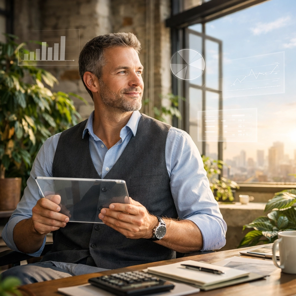 A confident modern accountant visualizing strategic financial insights with digital holographic charts.