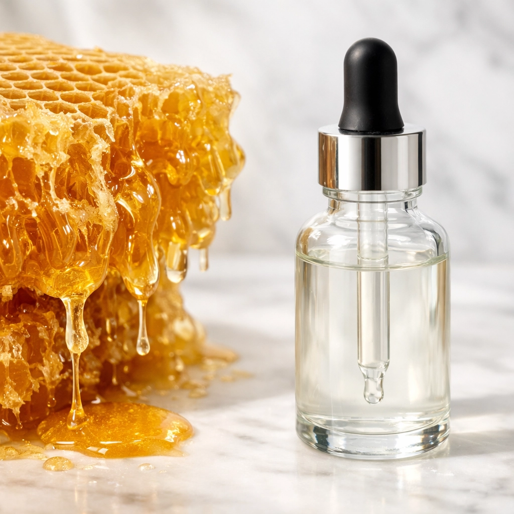 Natural honeybee products and medicinal dropper bottle representing apitherapy for Morgellons relief.