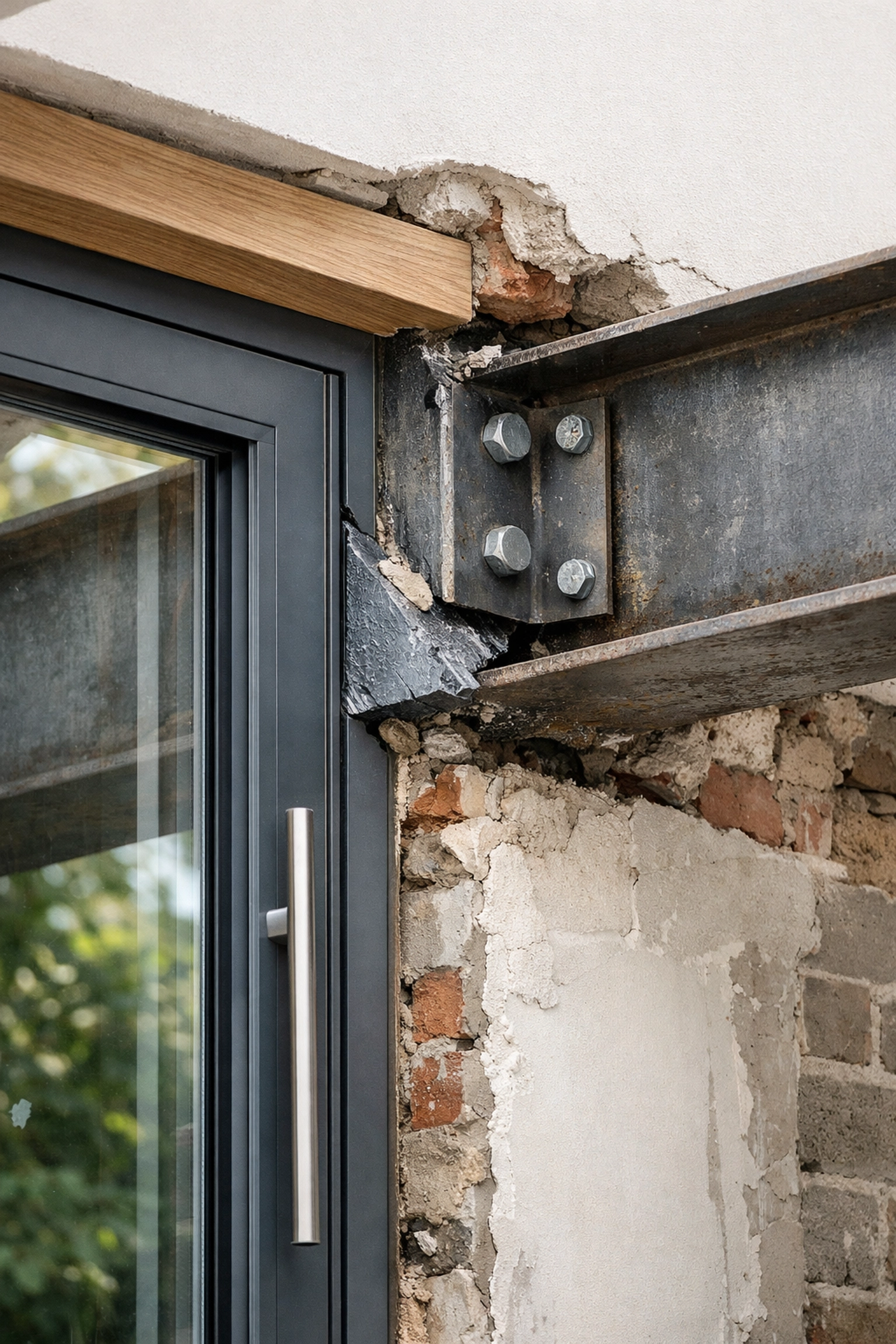Construction coordination clash between steel beam and glass door in London extension