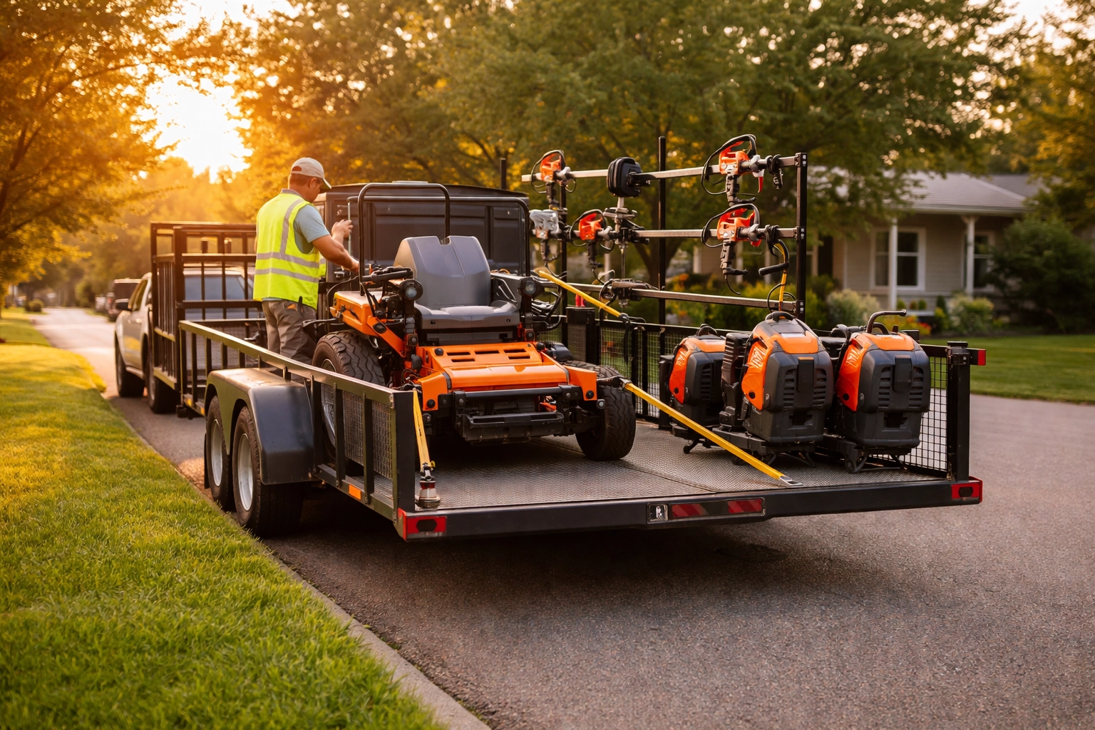 Landscaping trailer with secured equipment emphasizes protecting mobile assets with inland marine insurance