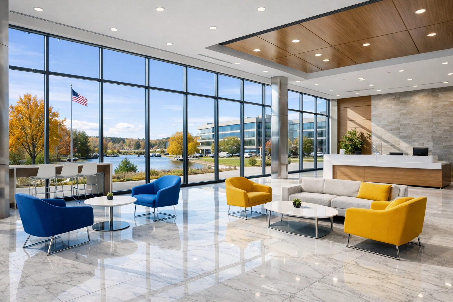 Pristine corporate lobby in Framingham featuring polished floors and modern professional furniture.