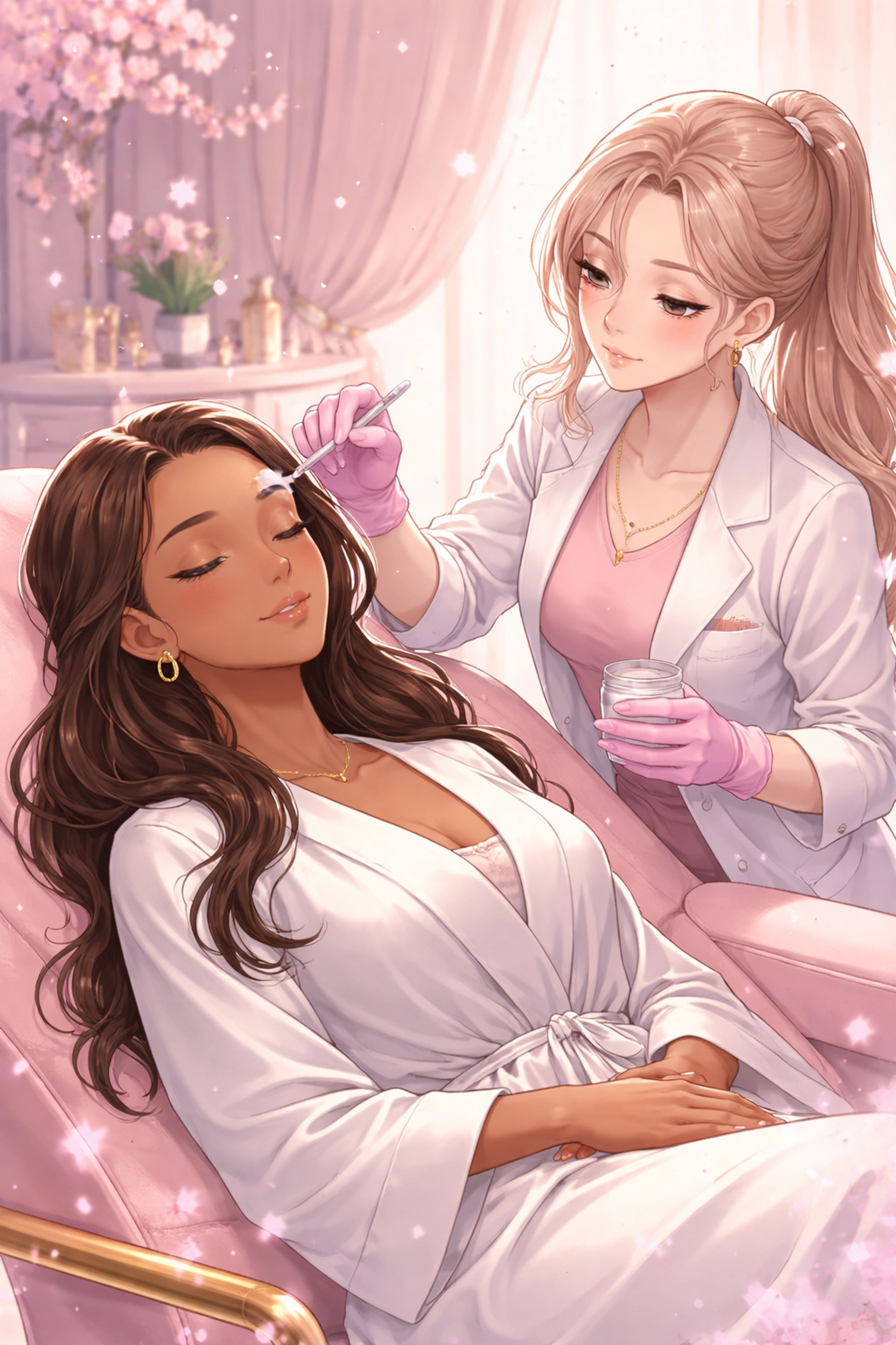 A luxurious permanent makeup studio with a diverse woman relaxing as a nurse applies numbing cream to her brows.