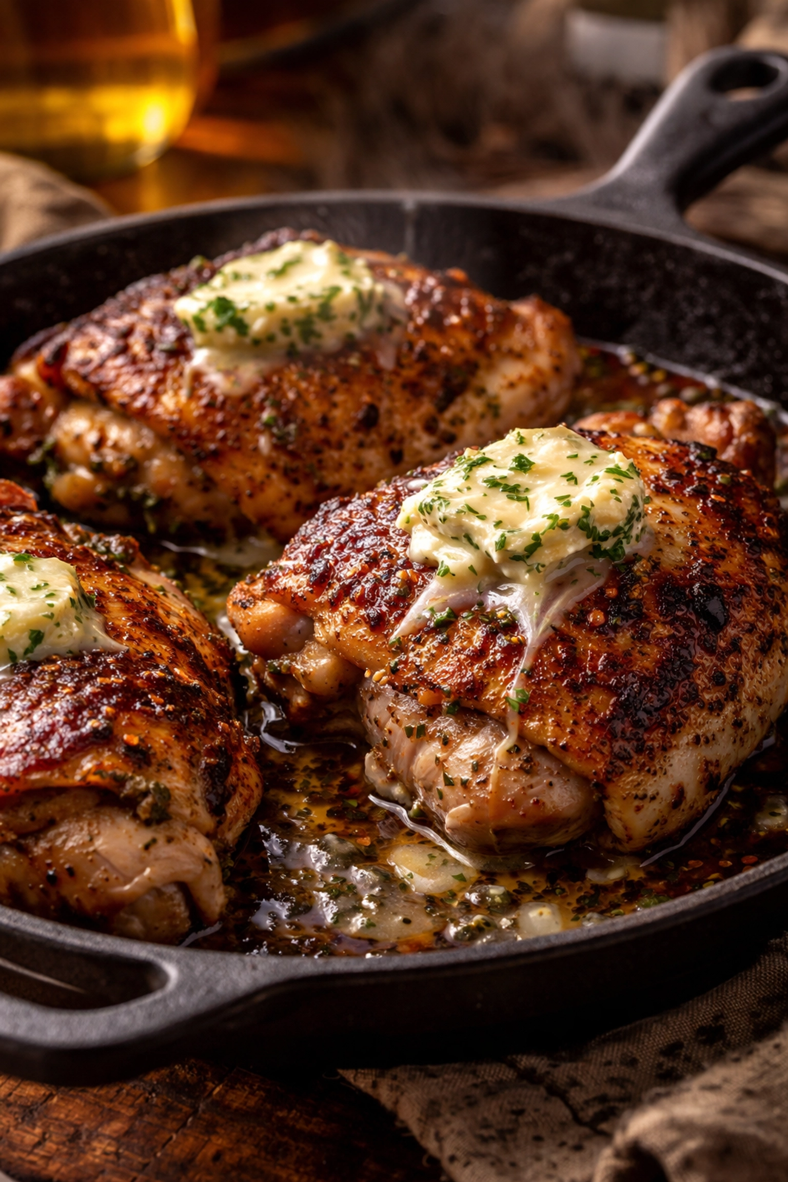 Crispy grilled chicken thighs with seasoned compound butter melting in cast iron skillet