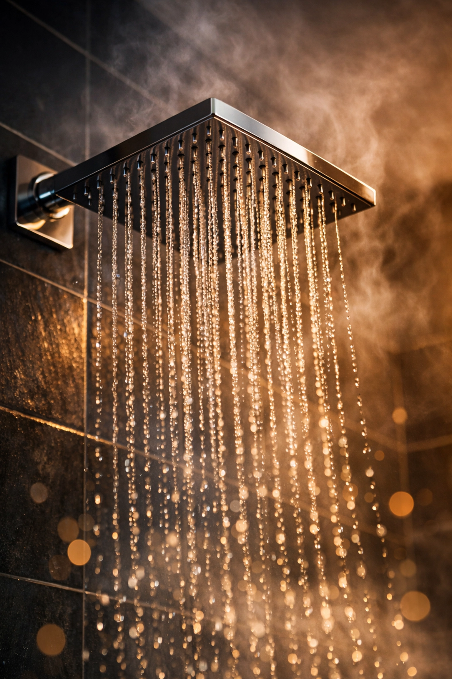 Rain showerhead cascading water in gym locker room creating peaceful spa atmosphere