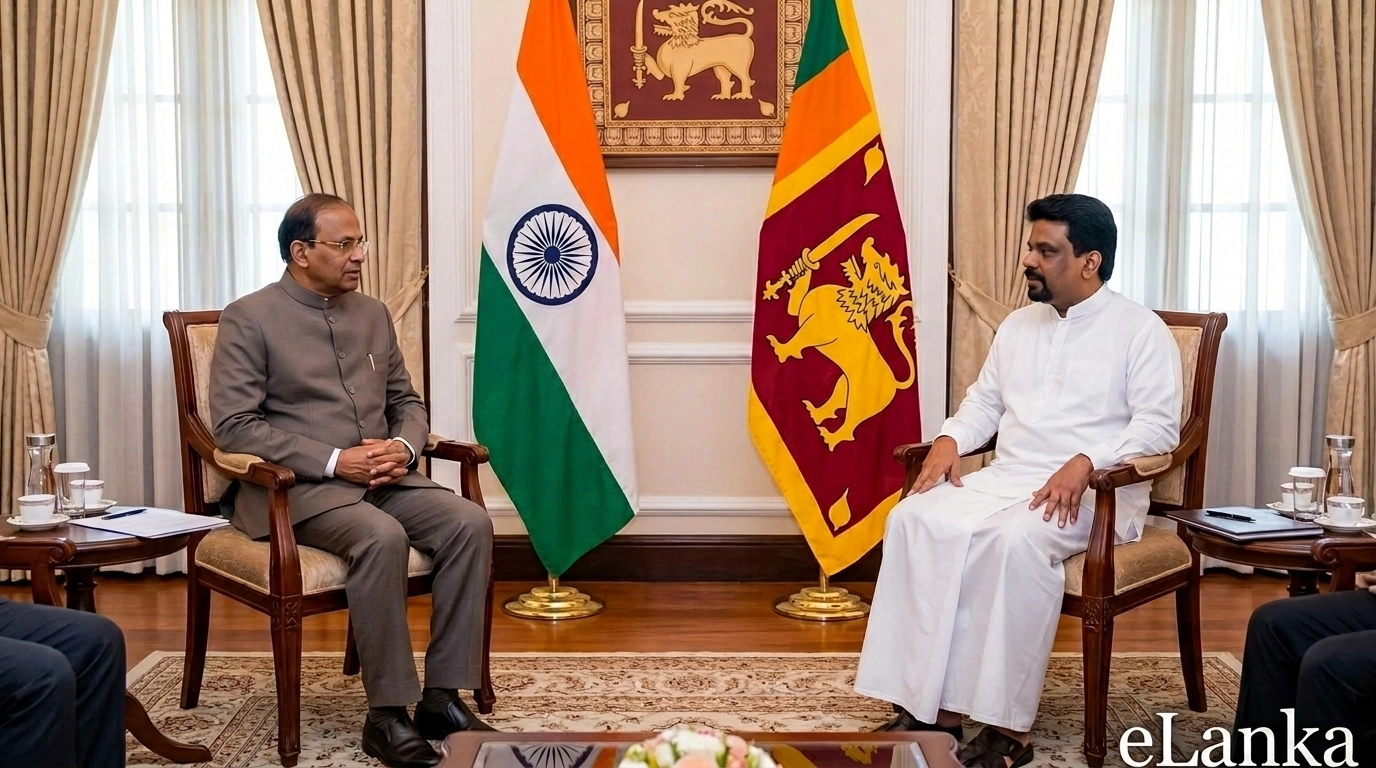Indian Vice President C.P. Radhakrishnan and Sri Lankan President Anura Kumara Dissanayake in a formal meeting