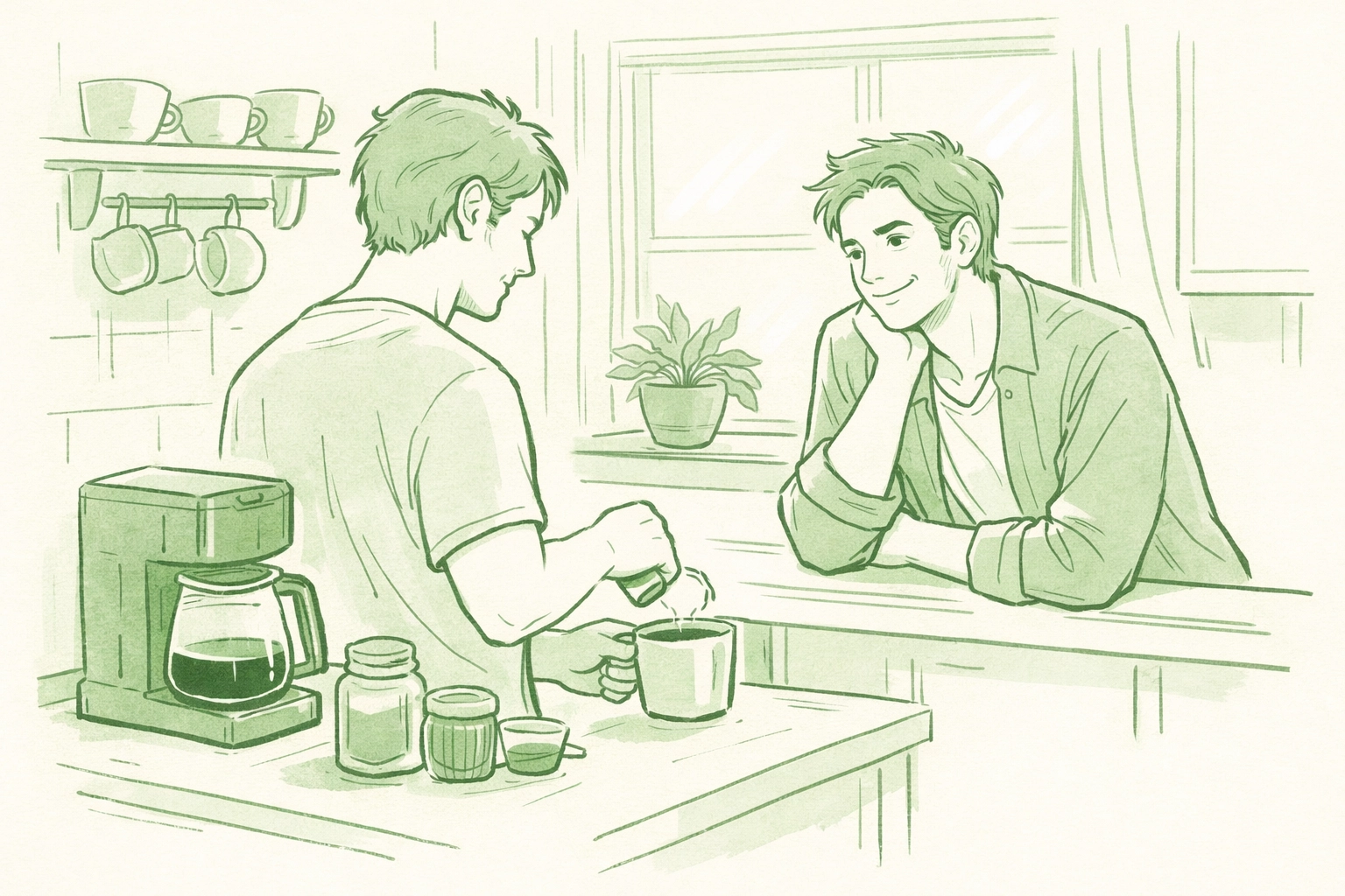 Gay couple in kitchen morning routine - man preparing coffee showing care and domestic intimacy in MM relationship