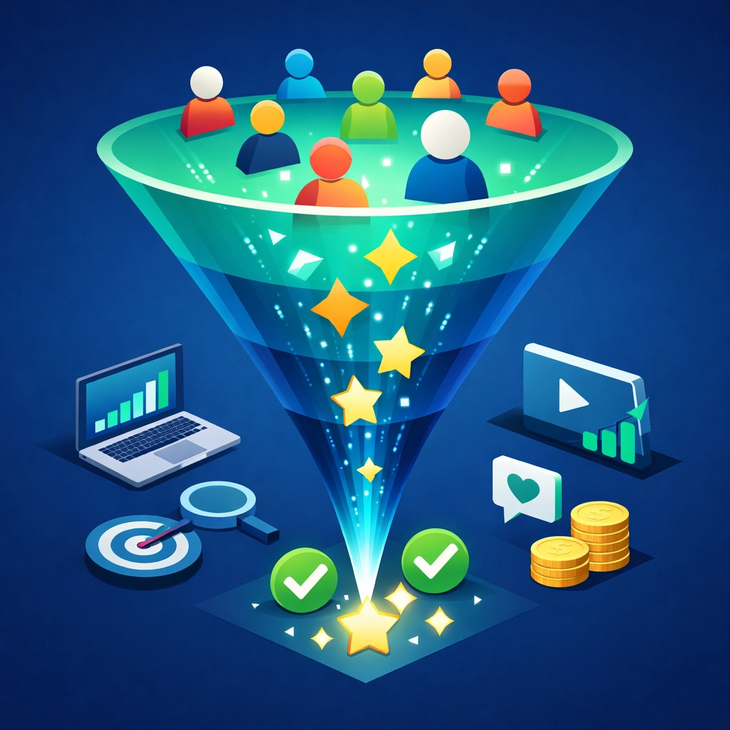 Marketing conversion funnel illustrating a lead generation strategy to turn social media scrollers into paying clients.