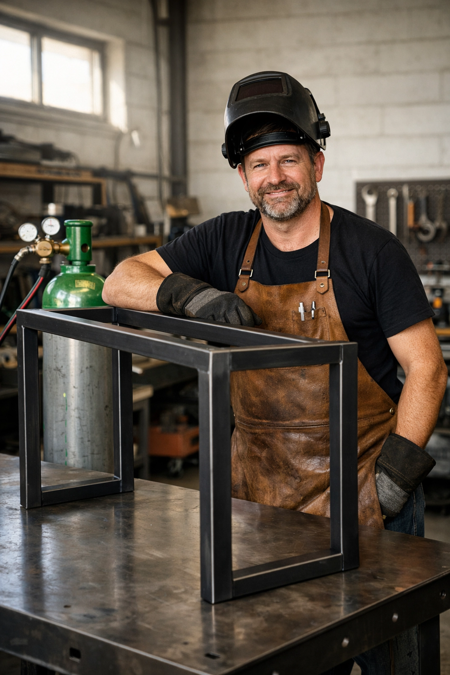 Professional fabricator with a 20L gas cylinder after completing a bespoke metal furniture project.