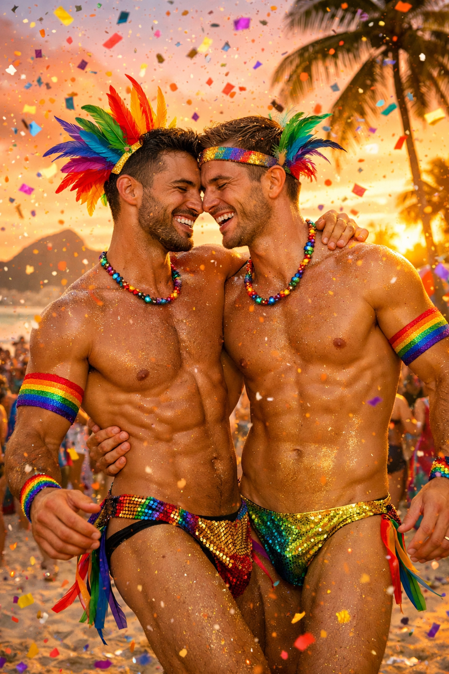 Two men dancing together at Rio Carnival on Copacabana Beach with confetti and rainbow accessories