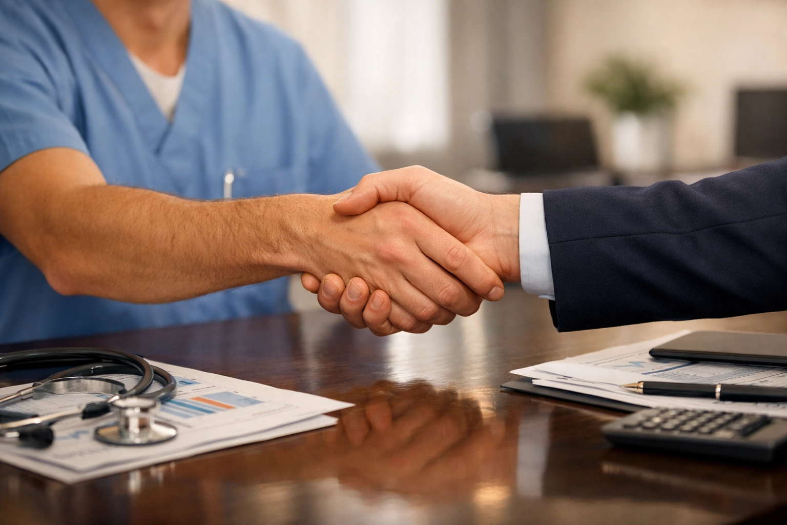 Healthcare provider and medical billing expert shaking hands to form billing partnership