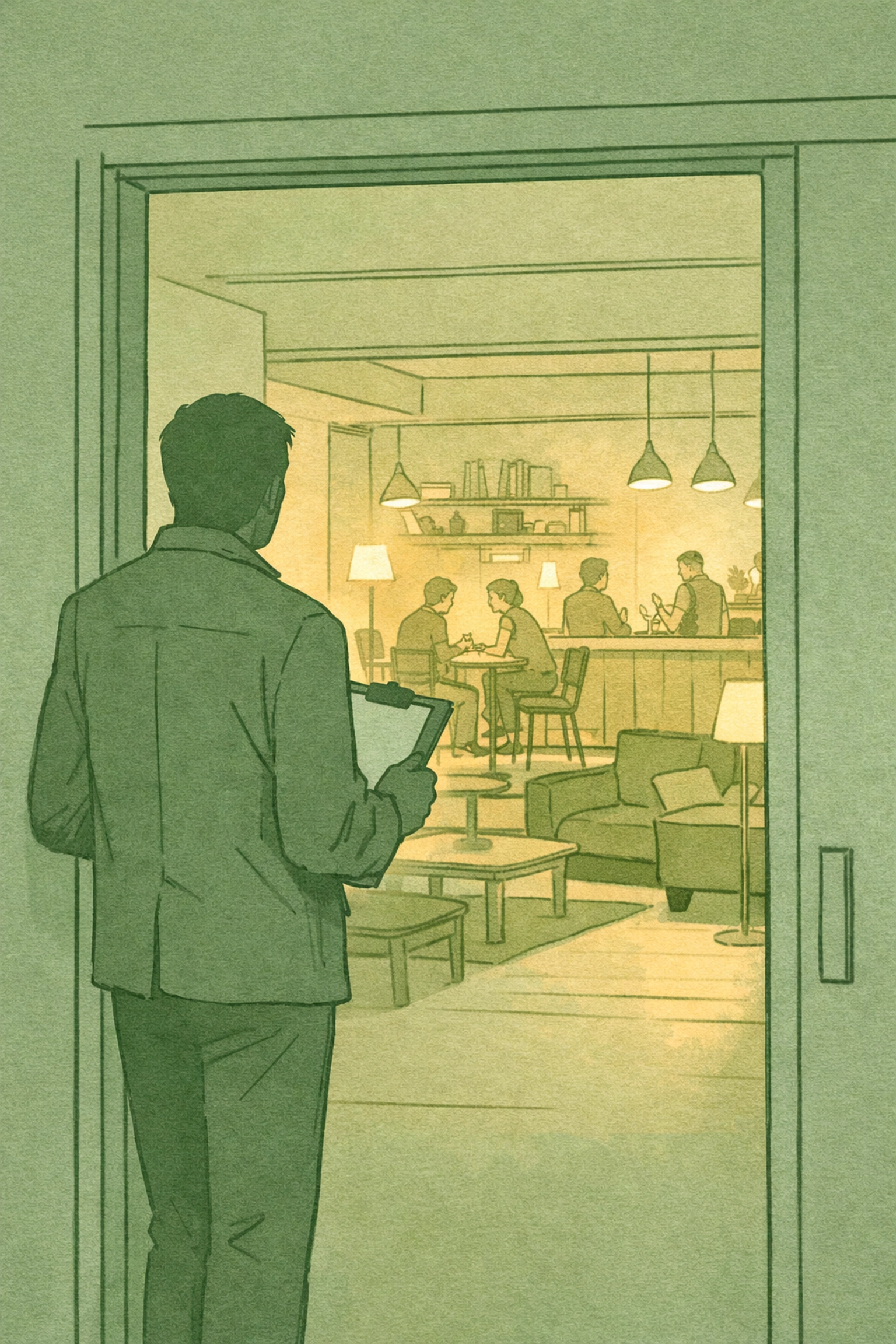 Marcus the host monitors safe LGBTQ+ fetish party space from doorway maintaining professional distance