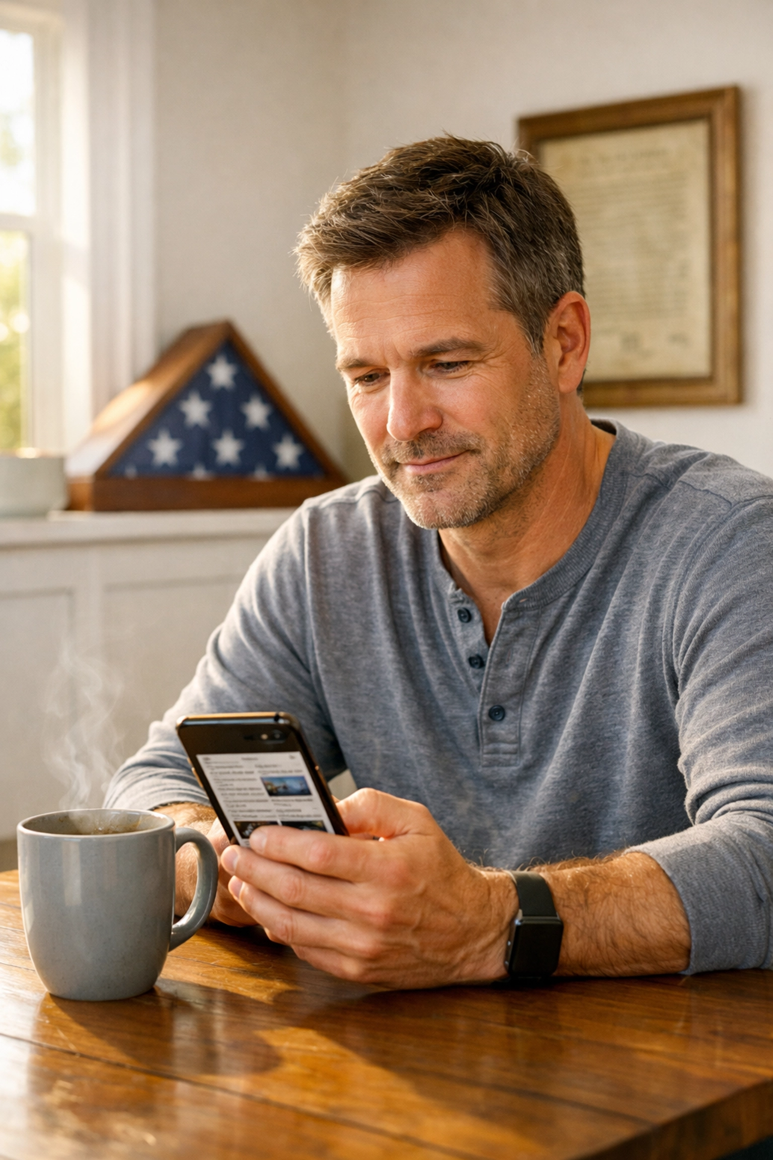 A citizen reading a daily civic leadership letter on his smartphone during a morning routine at home.