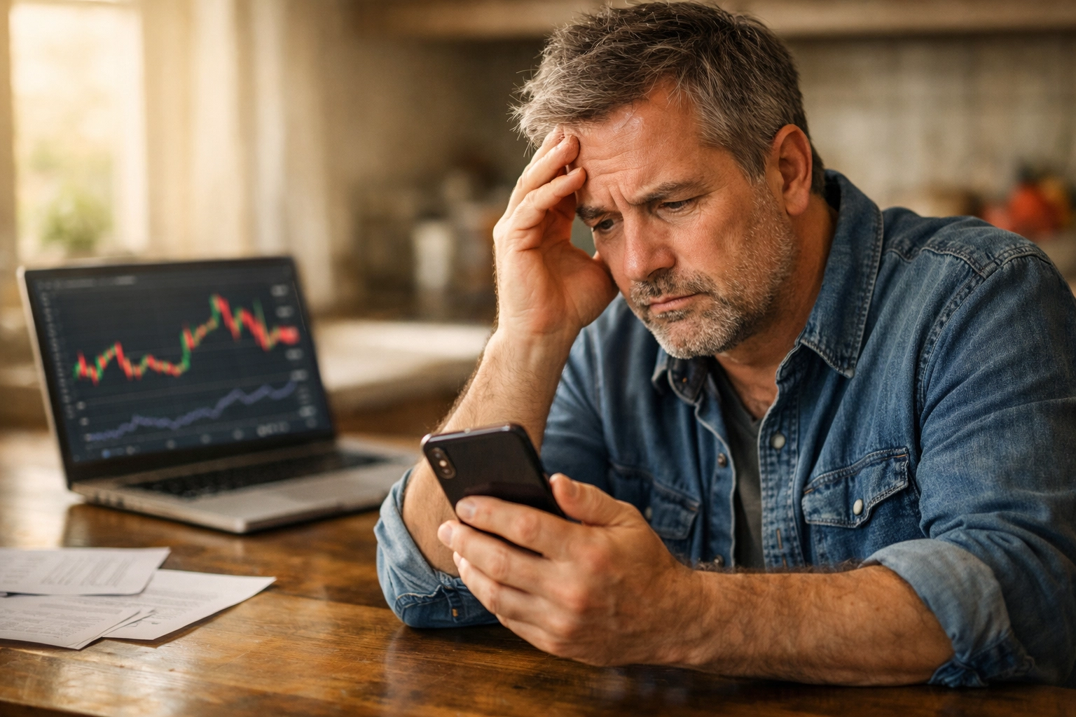 Man stressed while checking financial news on phone, illustrating retirement comparison anxiety