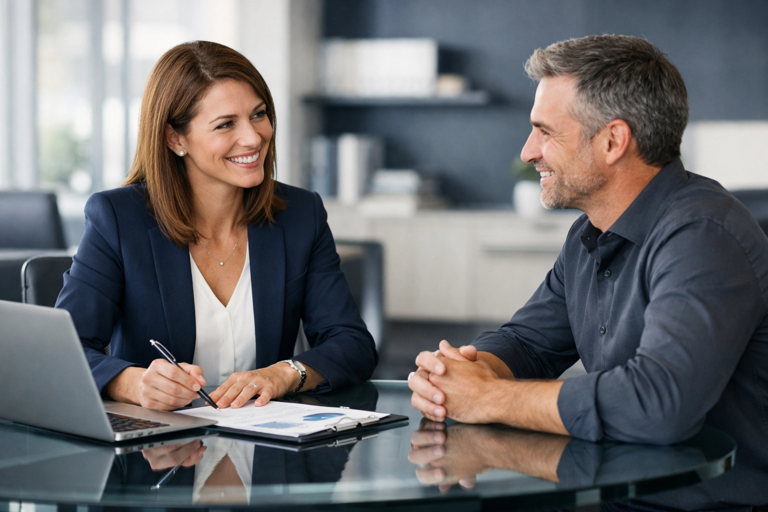 A trust-filled consultation between a borrower and advisor to help rebuild credit with fair rates.