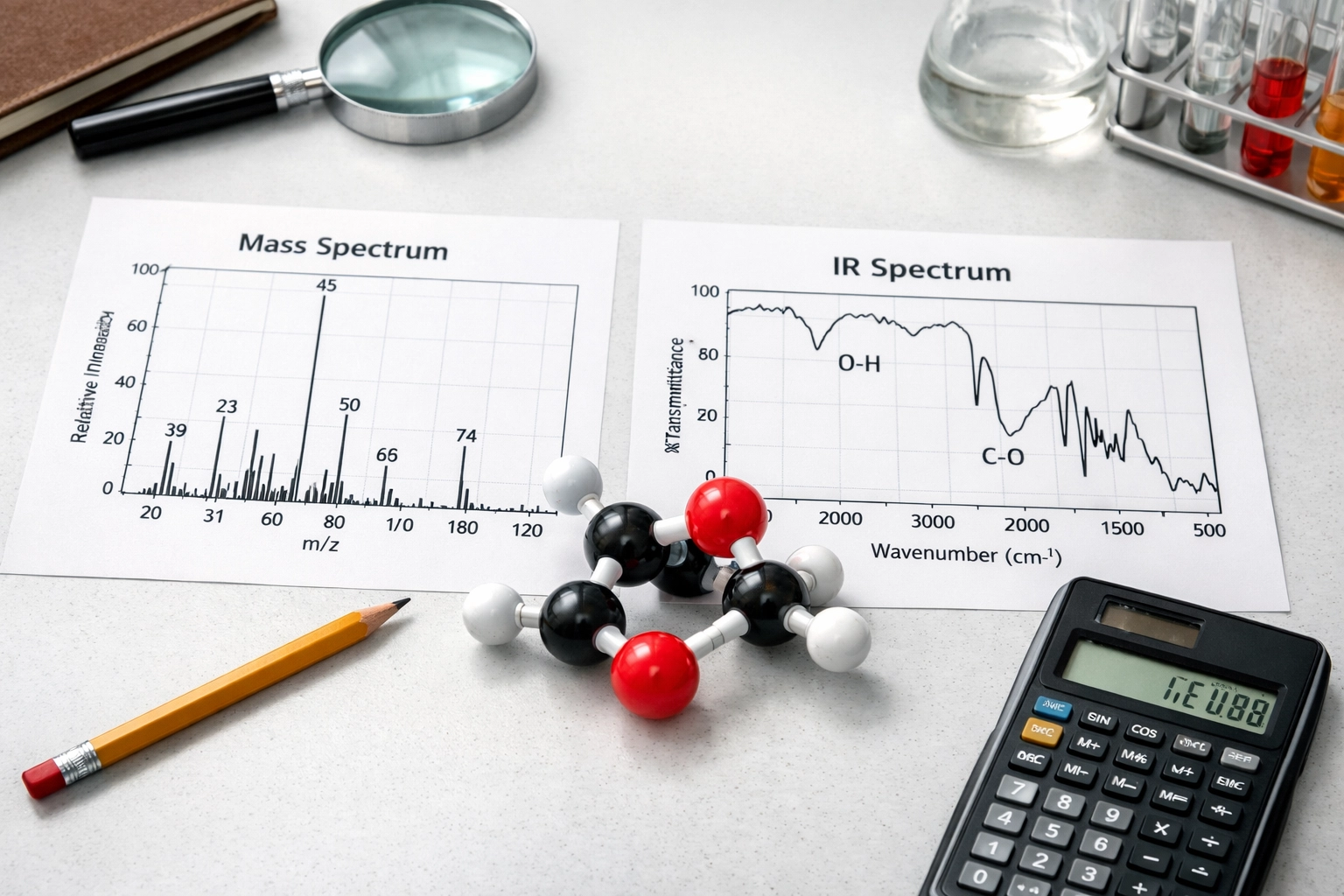 Chemistry analysis workspace with mass spectrum, IR spectrum charts, and molecular model of propan-2-ol